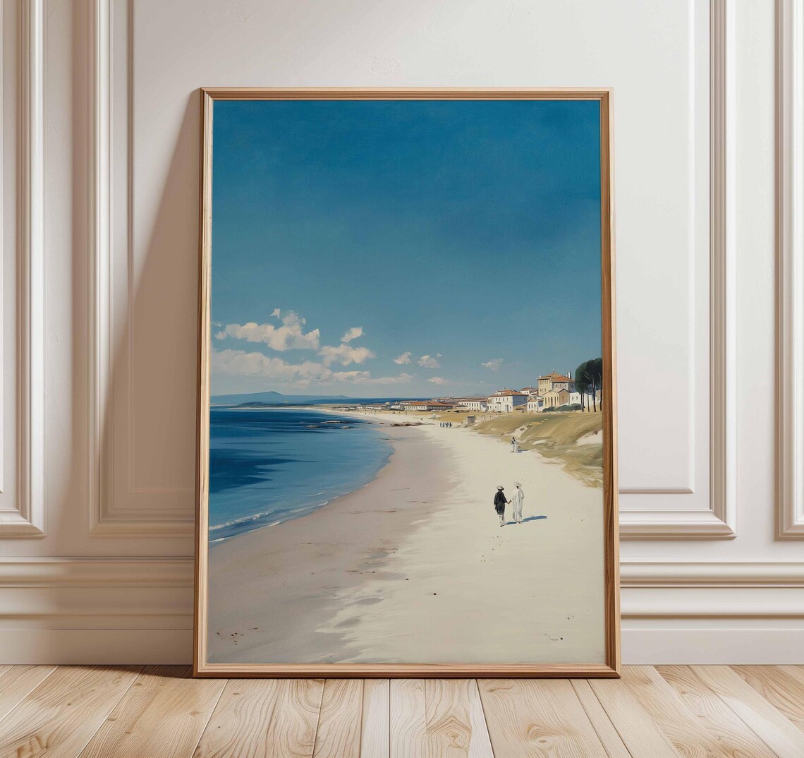 Sunny Coastal Beach Walk Poster With Two Figures By The Shimmering Sea