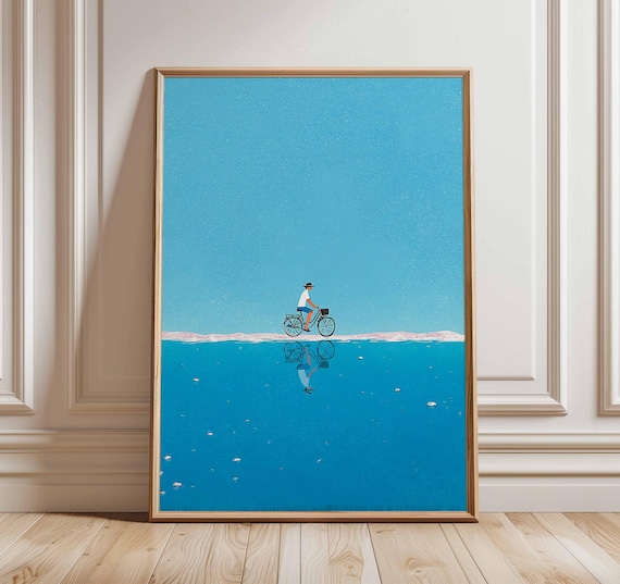 Cyclist Riding Mirror Calm Turquoise Sea Minimalist Surreal Ocean Wall Art