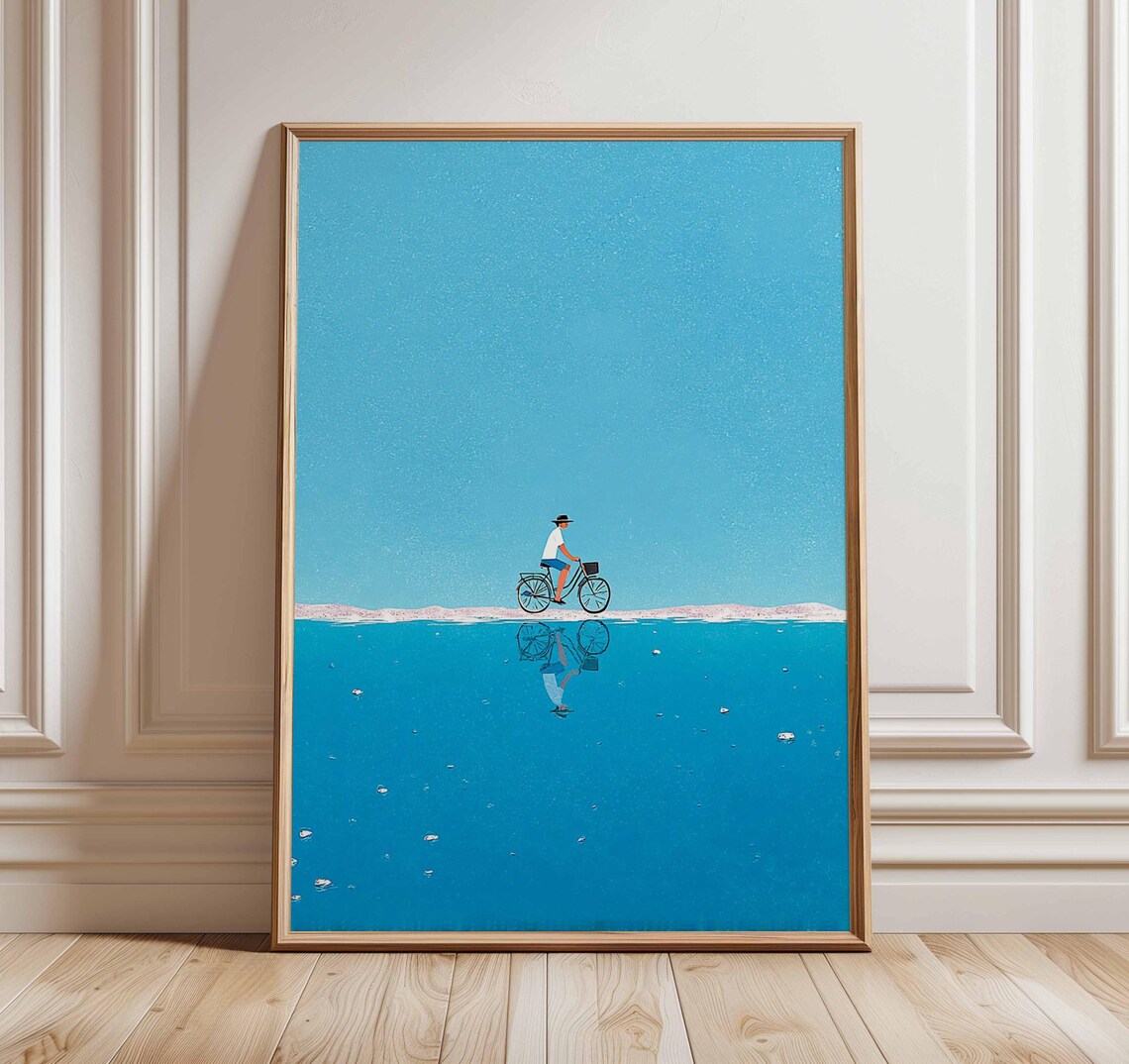 Cyclist Riding Mirror Calm Turquoise Sea Minimalist Surreal Ocean Wall Art