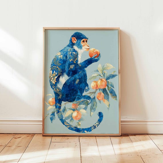 Blue Monkey Art Print, Whimsical Botanical