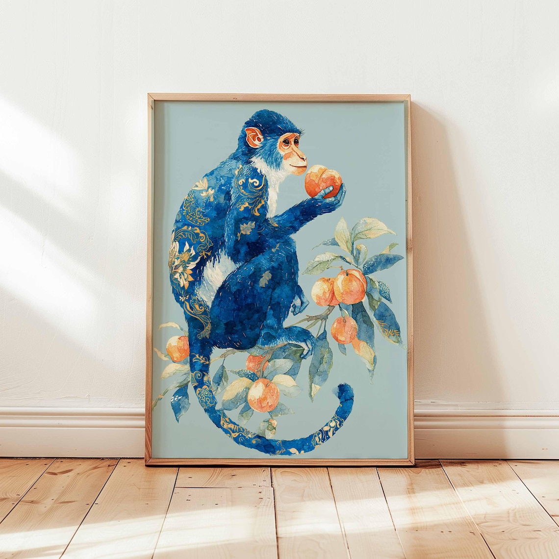 Blue Monkey Art Print, Whimsical Botanical