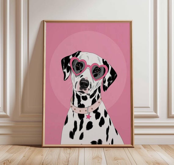 Dalmatian Dog Poster Pink Wall Art Print Pop Illustration Cute Room Decor Heart Glasses Girl Bedroom