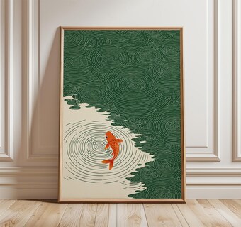 Koi Fish Wall Art Japanese Ripple Illustration Minimal Green Orange Print Zen Water Poster