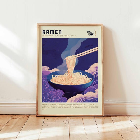 Ramen Poster Japanese Noodle Soup Wall Art Print Vibrant Purple Clouds Modern Kitchen Decor Asian Food Illustration Unframed Artwork