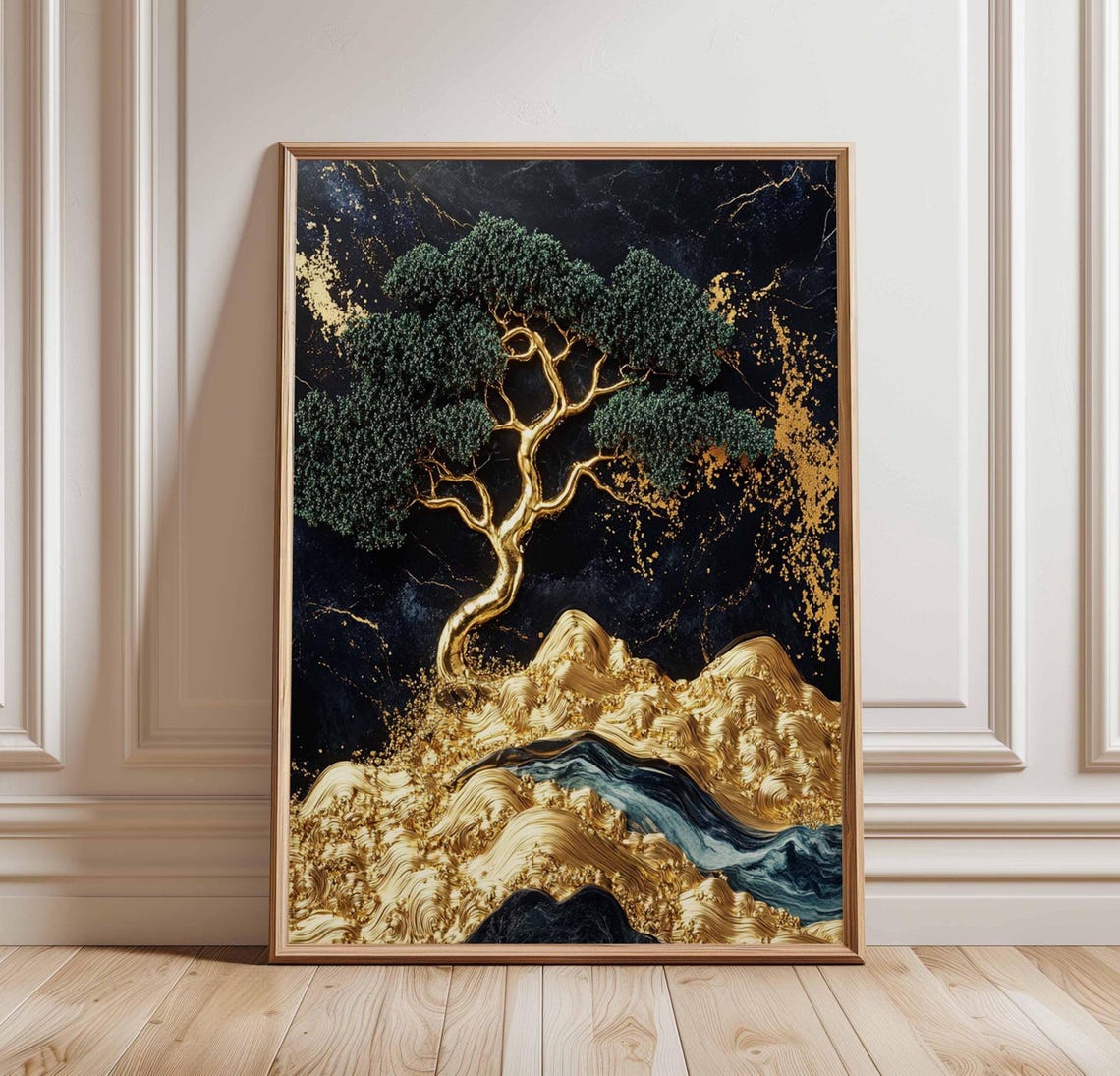 Golden Bonsai Tree Black Marble Abstract Landscape Wall Print