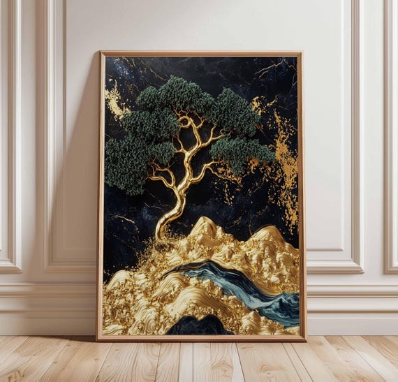 Golden Tree Art Poster Abstract Nature Print Black And Gold Landscape Minimalist Decor Modern Wall Elegant