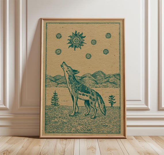 Coyote Vintage Desert Art Print, Southwestern Illustration