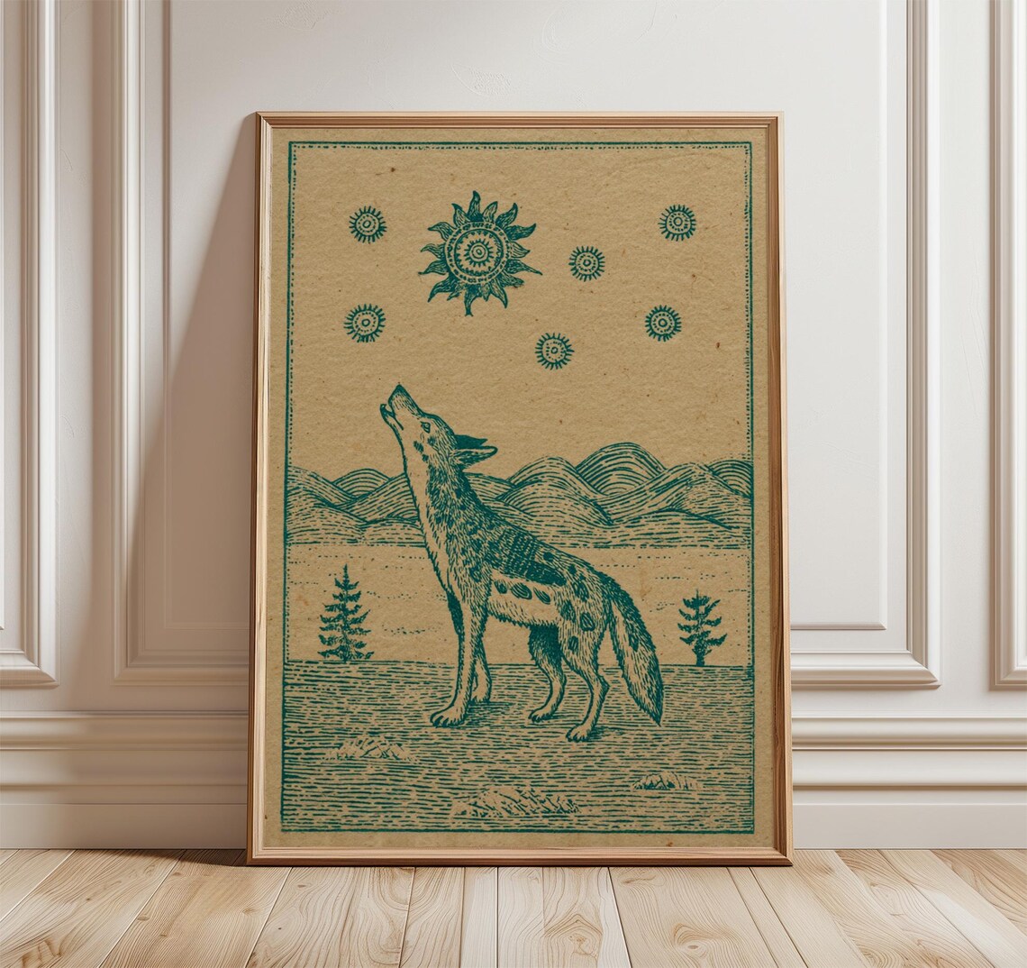 Coyote Vintage Desert Art Print, Southwestern Illustration