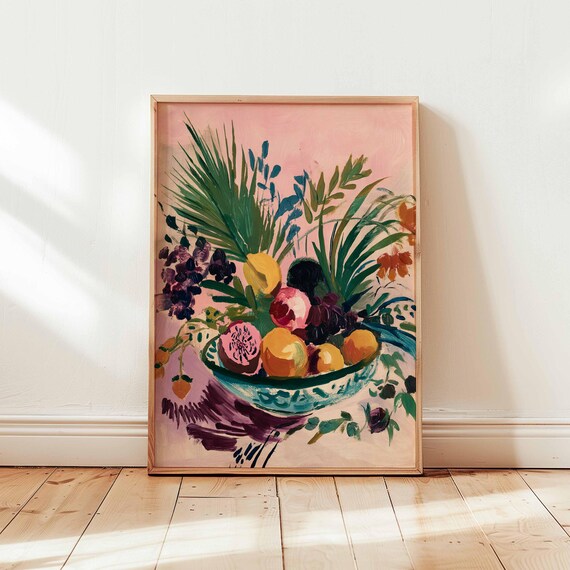 Vibrant Fruit Bowl Poster Abstract Still Life Wall Art Colorful Tropical Kitchen Decor Bold Botanical Painting Print Unframed
