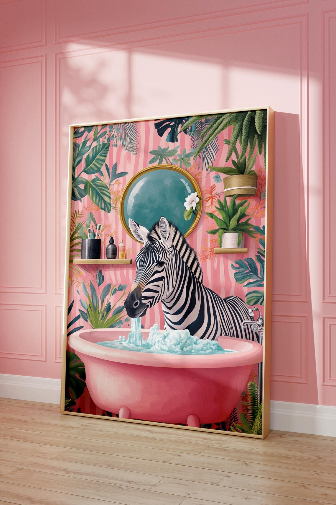 Zebra In Bathroom Maximalist Animal Print Poster