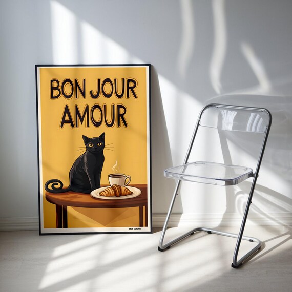 Bon Jour Amour Black Cat With Croissant Coffee French Cafe Art Poster