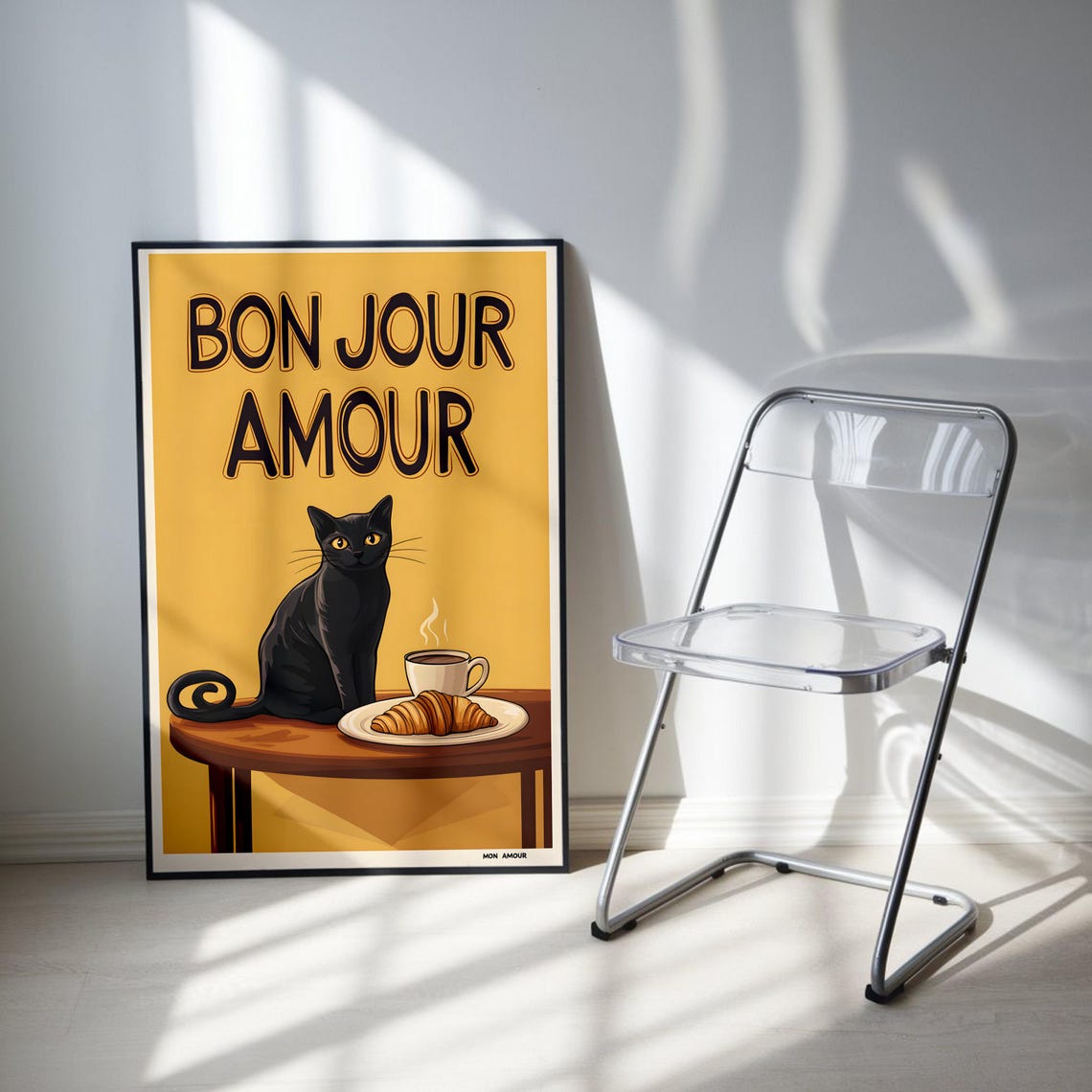 Bon Jour Amour Black Cat With Croissant Coffee French Cafe Art Poster