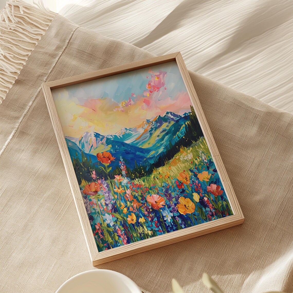 Colorful Mountain Wildflower Meadow Impasto Landscape Art Poster - Image 2