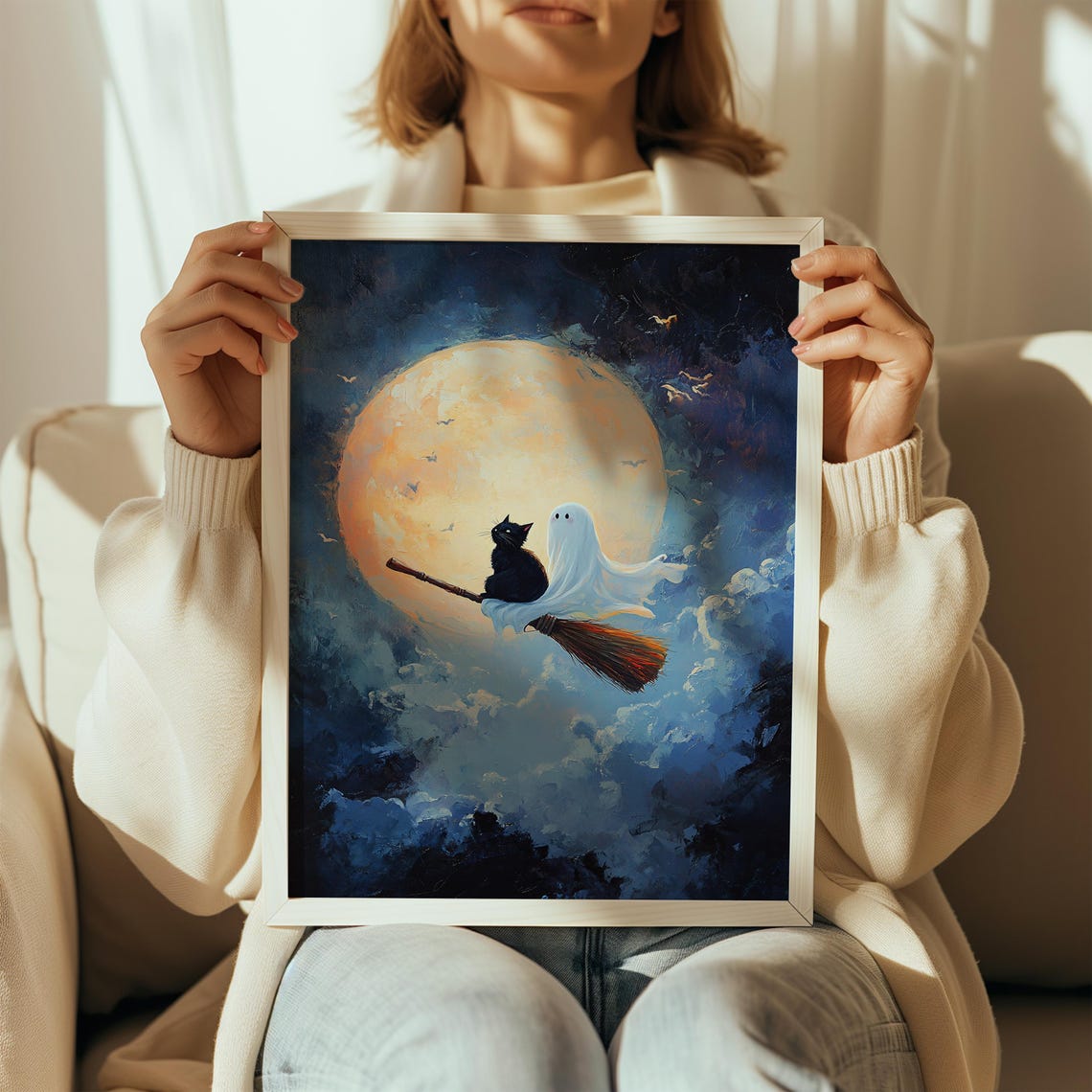 Black Cat and Ghost Flying Broomstick Full Moon Halloween Night Poster - Image 2