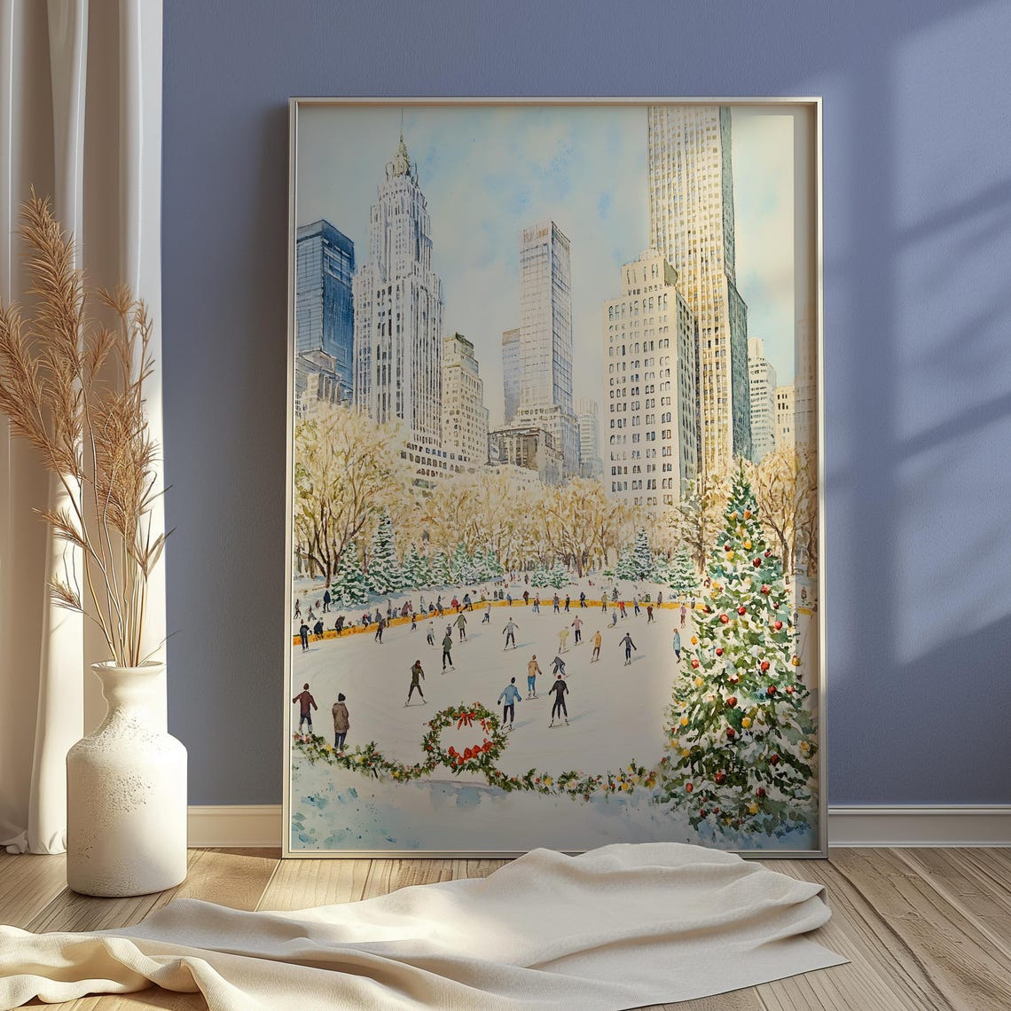 NYC Central Park Ice Skating Rink Christmas Watercolor Poster - Image 3
