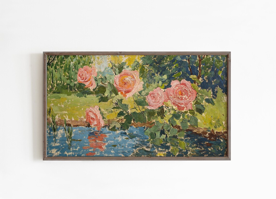 Pink Roses Over Water Vintage Textured Garden Oil Painting Poster - Image 2