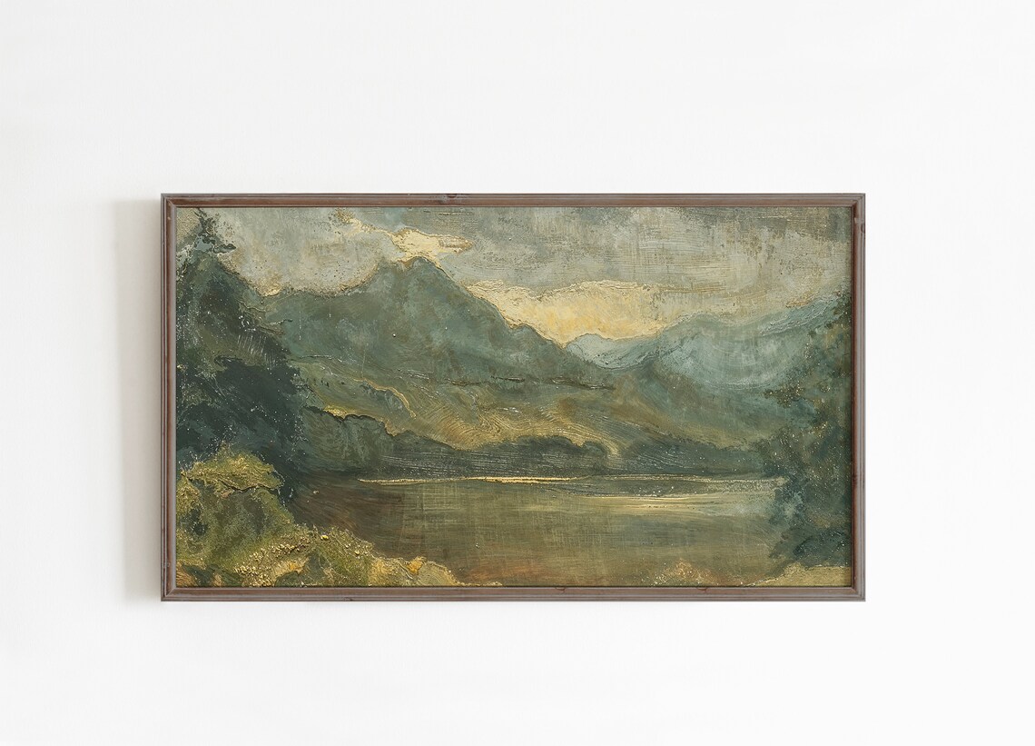 Moody Green Mountain Lake Vintage Wilderness Landscape Poster