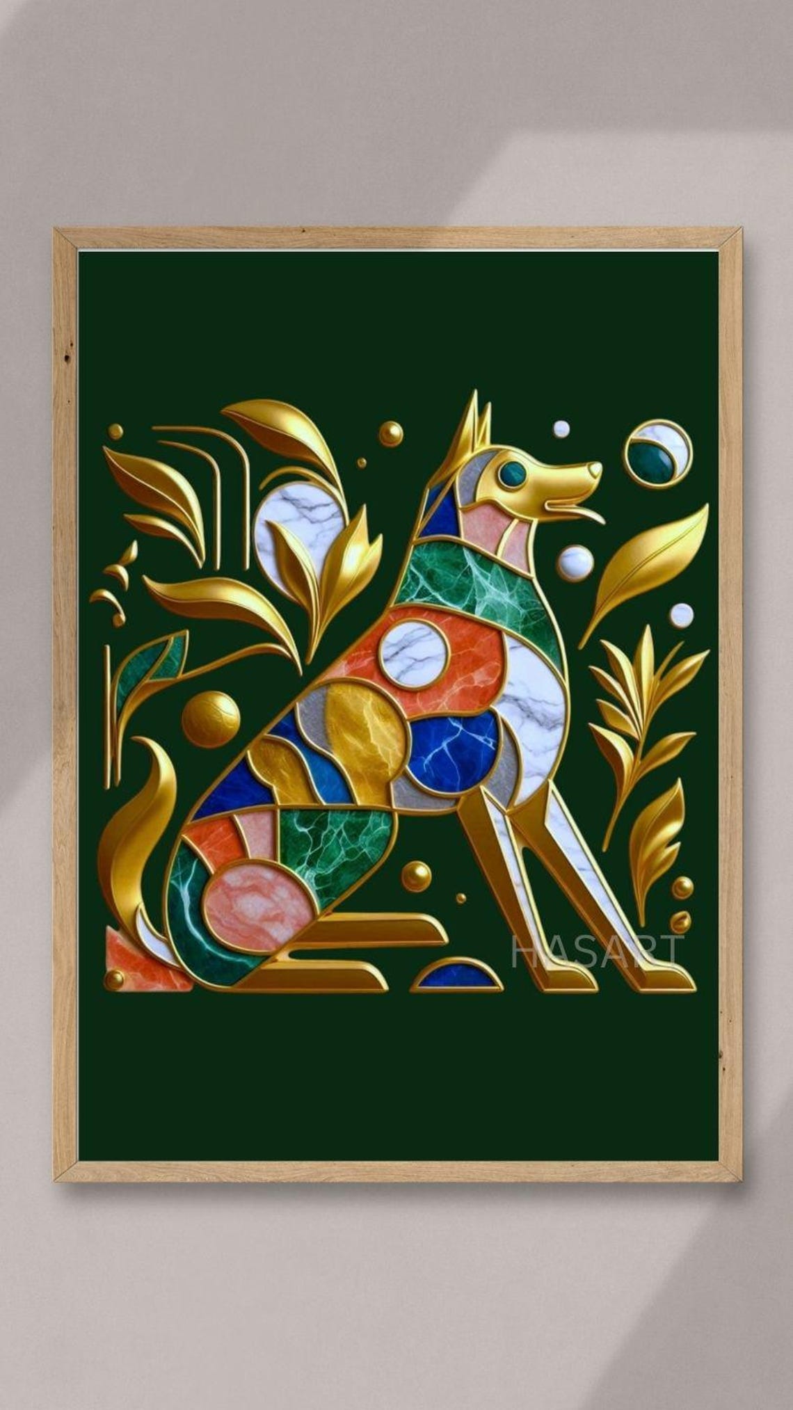 Golden Art Deco Dog with Marble Inlays on Emerald Art Poster