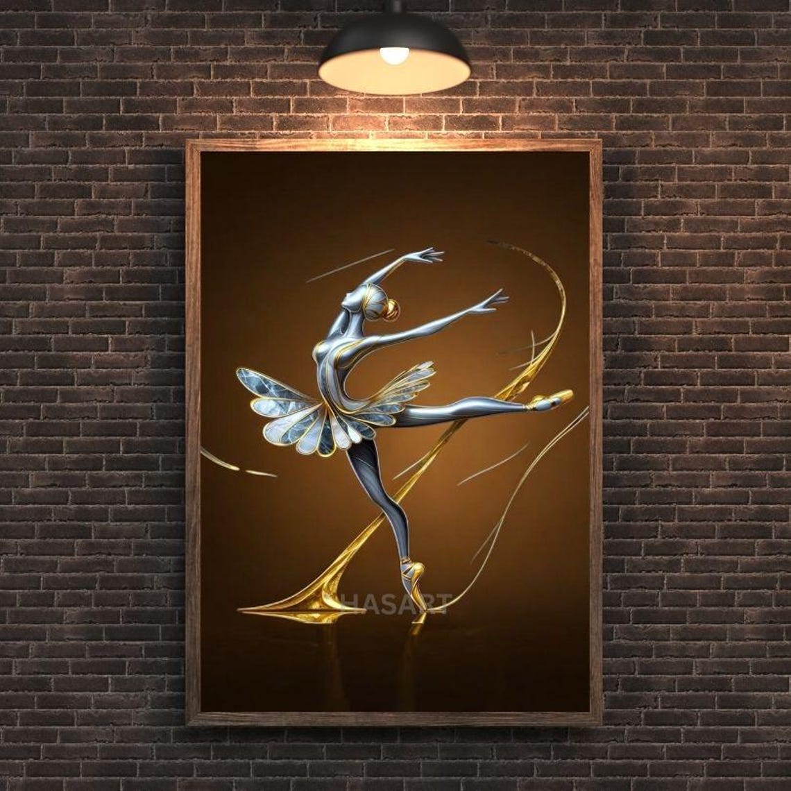 Metallic Ballerina with Golden Ribbon Trails on Bronze Art Poster