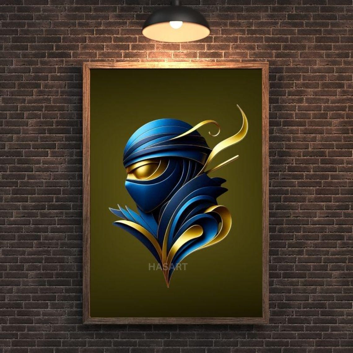 Stylized Blue Ninja Head with Golden Accents on Olive Art Poster