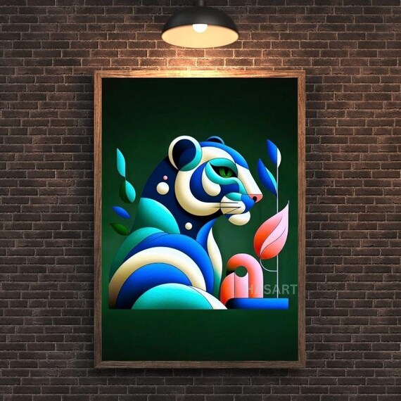 Blue Leopard Portrait with Tropical Leaves in Geometric Style Poster