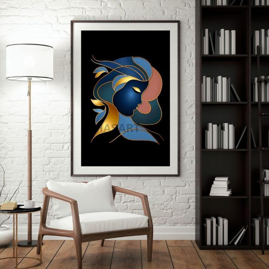 Abstract Woman Face in Blue and Gold Stained Glass Style Poster - Image 3