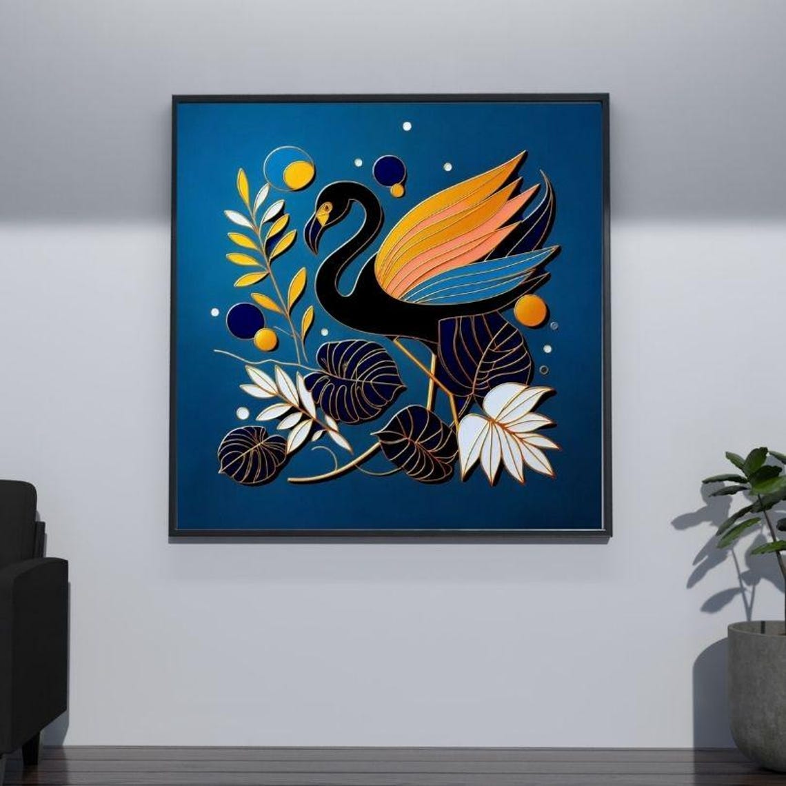 Black Swan Spreading Orange Wings Among Tropical Leaves Poster - Image 3