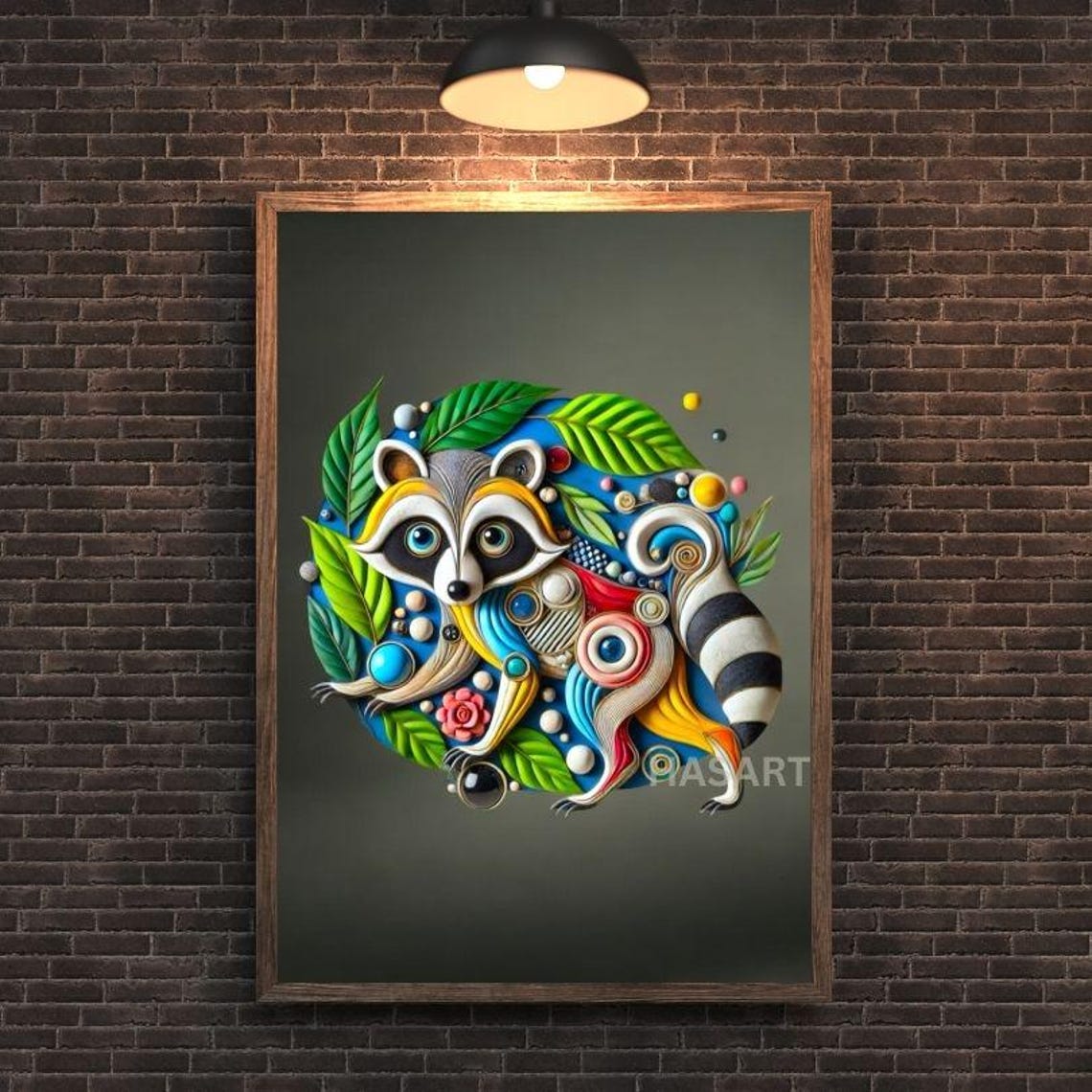Colorful Paper Quill Raccoon Circle Botanical Whimsical Art Poster