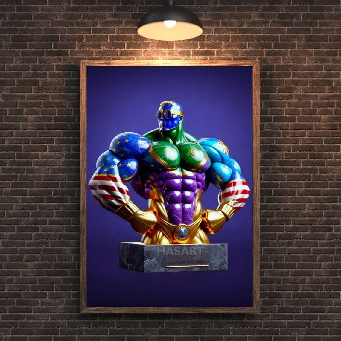 Patriotic Superhero Bodybuilder Bust Gold Stars Modern Art Poster