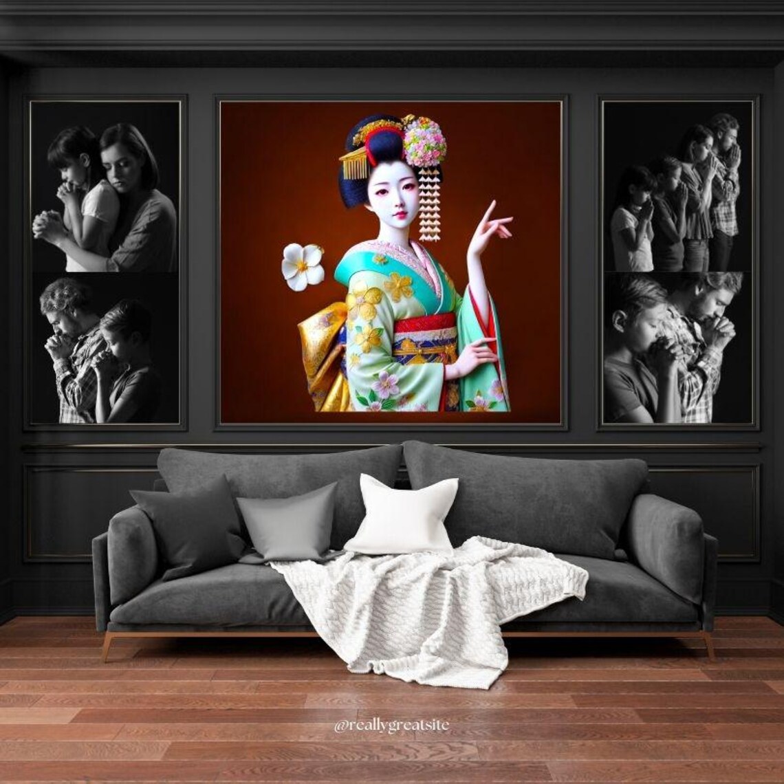 Elegant Japanese Geisha in Floral Kimono Portrait Art Poster - Image 3