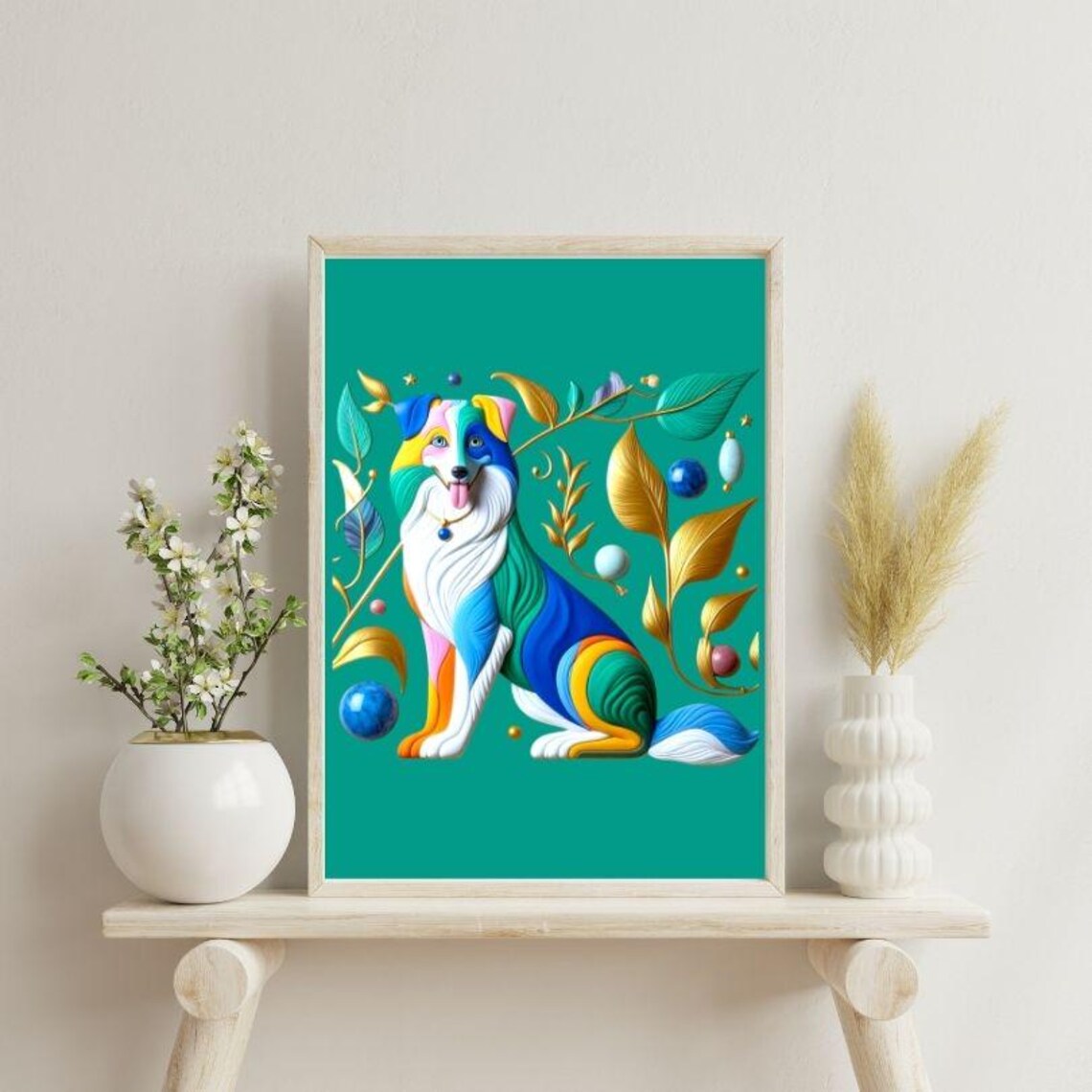 Cheerful Colorful Dog with Botanical Leaves Paper Style Poster - Image 3