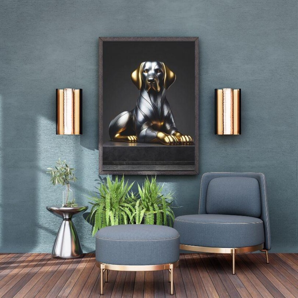 Proud Gold and Silver Standing Bulldog Sculpture Portrait Poster - Image 3
