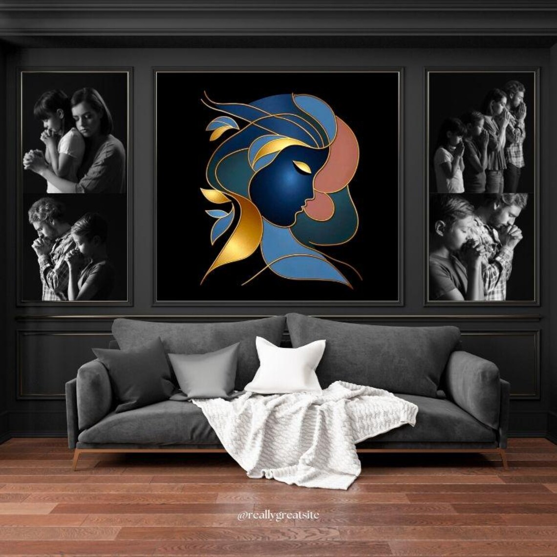 Abstract Woman Face in Blue and Gold Stained Glass Style Poster - Image 2