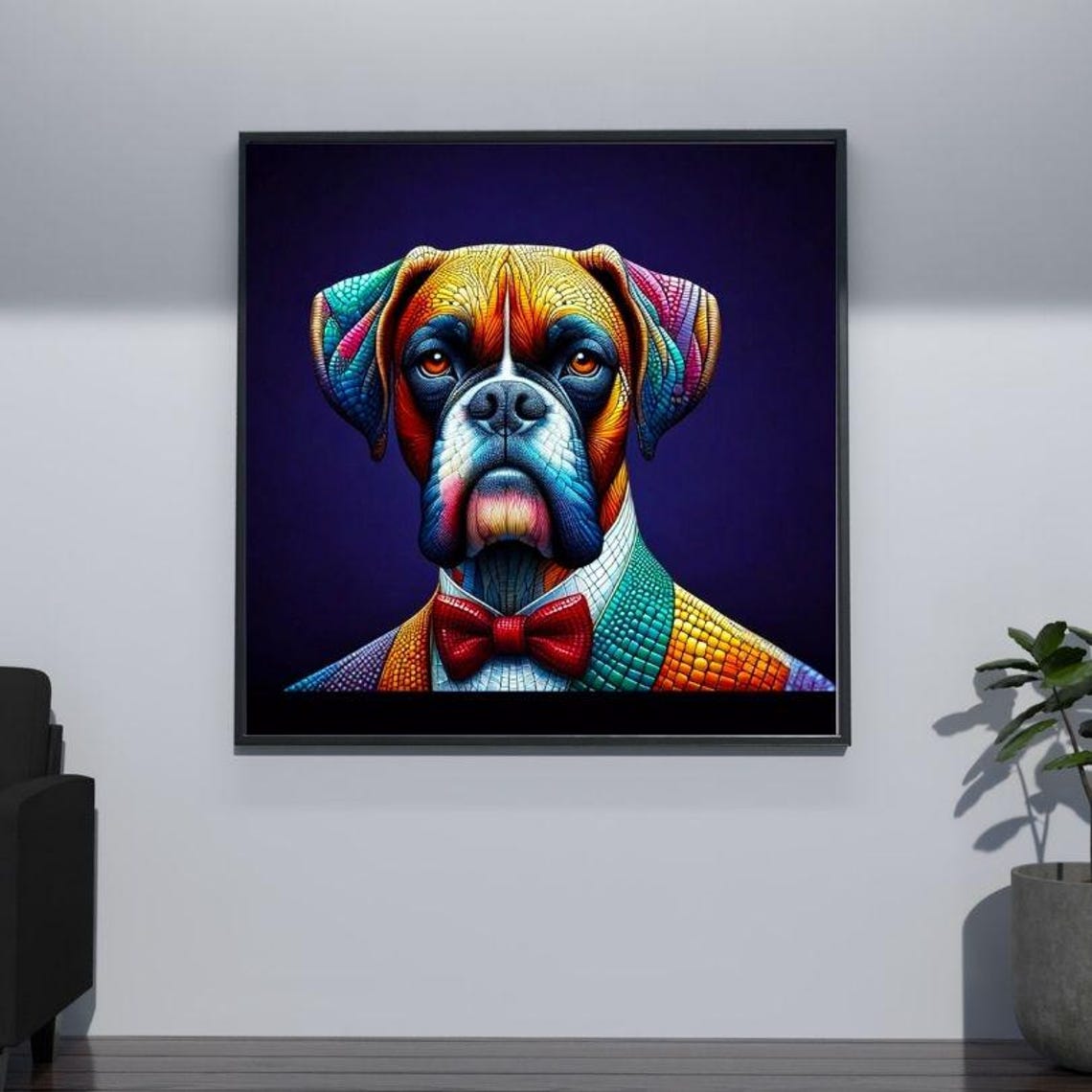 Dapper Boxer Dog in Suit and Red Bow Tie Stained Glass Art Poster - Image 3