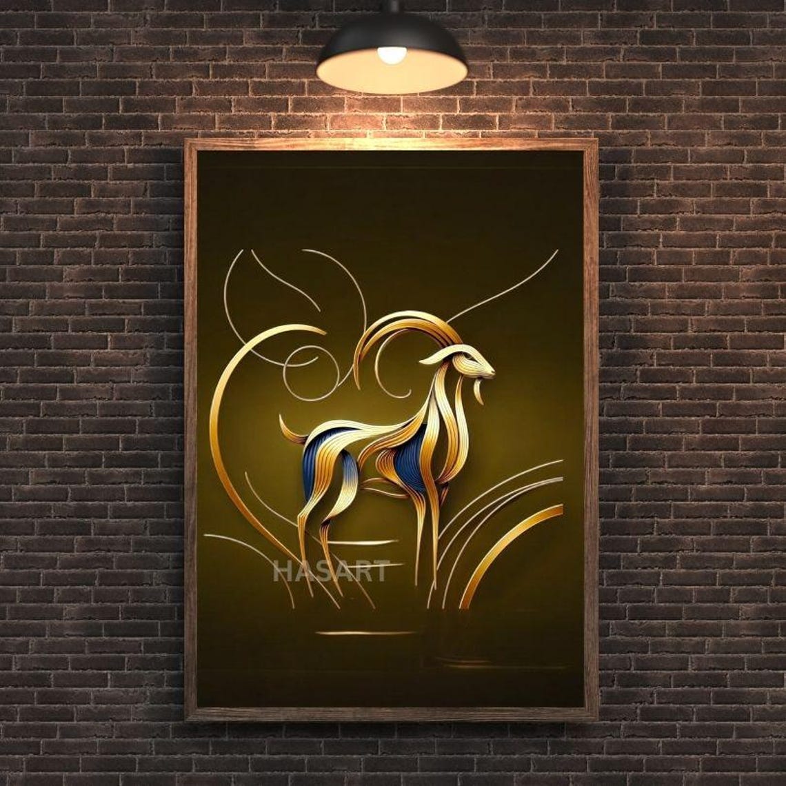 Graceful Golden Goat Standing in Flowing Line Art on Olive Poster