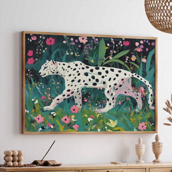 White Leopard Jungle Flowers Painterly Maximalist Art Poster