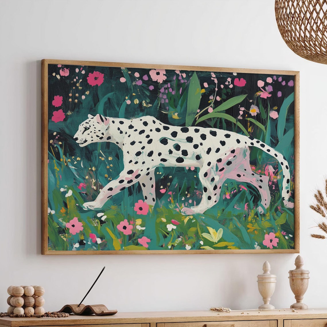 White Leopard Jungle Flowers Painterly Maximalist Art Poster