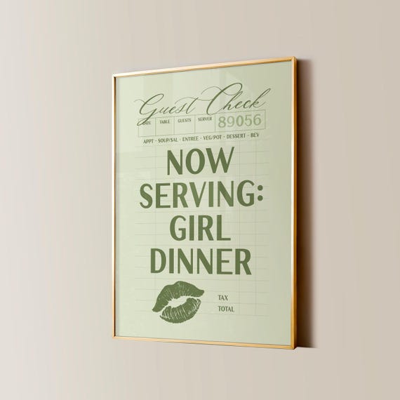 Girl Dinner Print Retro Kitchen Decor Aesthetic Kitchen Wall Art Guest Check Bar Cart Poster That Girl Home Decor Sage Green Artwork