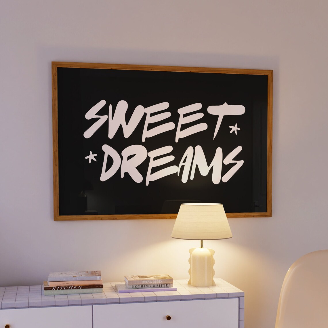 Sweet Dreams Starry Brush Lettering Black White Bedroom Poster - Image 2