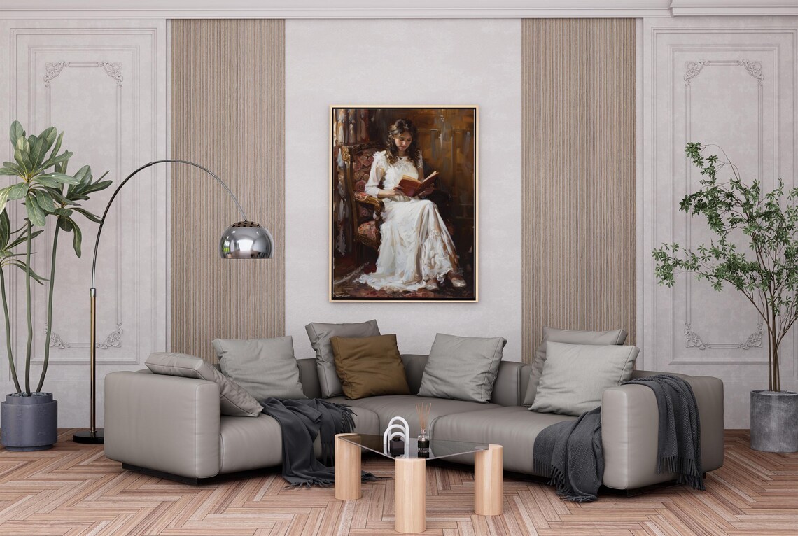 Woman Reading in an Ornate Armchair Rich Wood Interior Poster - Image 2