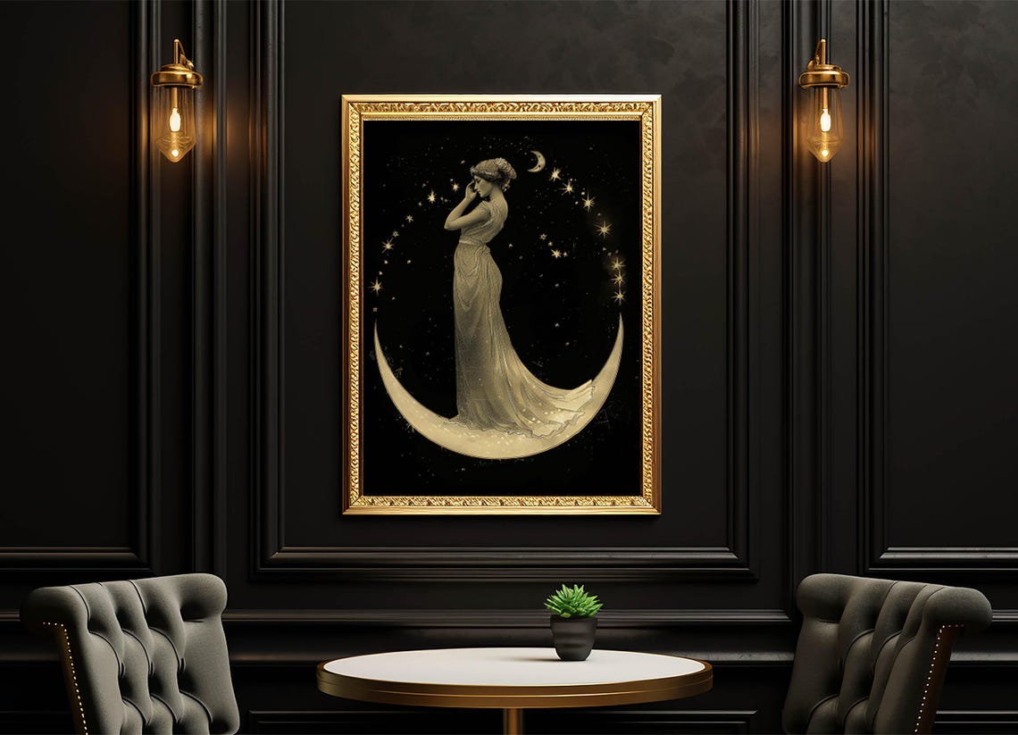 Art Nouveau Moon Lady in Gold Gown Standing on Crescent Moon Poster - Image 6