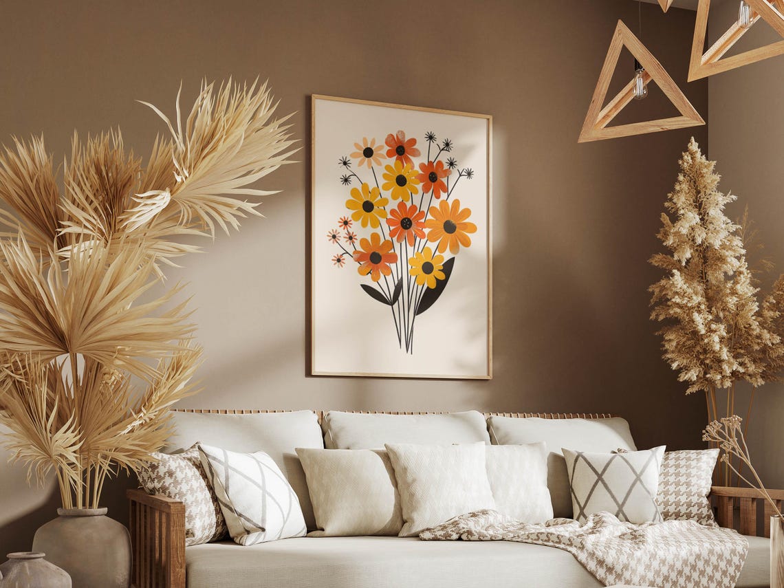 Marigold and Daisy Retro Bouquet Mid Century Floral Art Poster - Image 6
