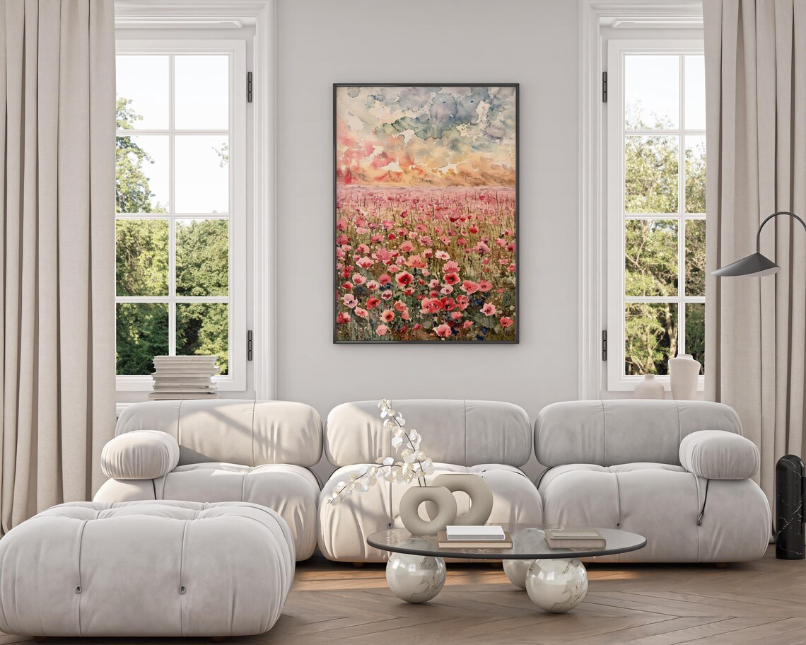 Red Poppy Field at Sunset Watercolor Floral Landscape Art Poster - Image 5