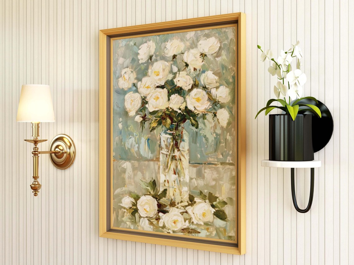 White Roses in Glass Vase Sunlit Floral Oil Painting Still Life Poster - Image 3