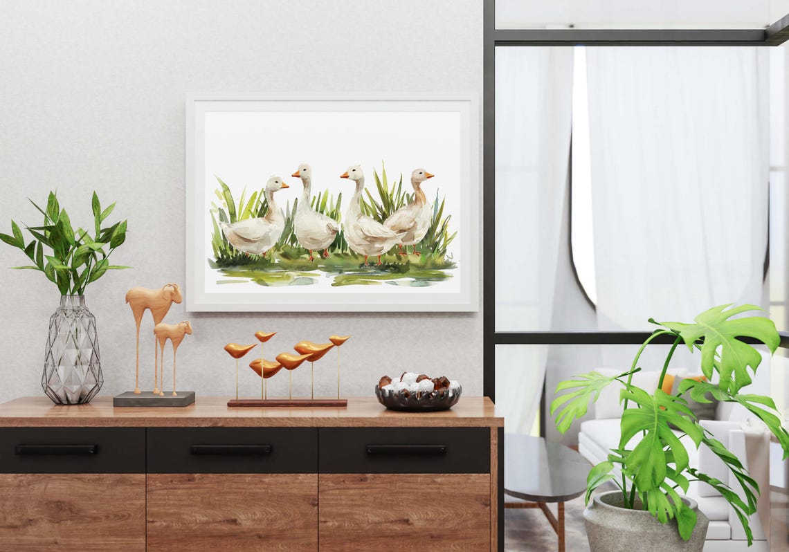 Four White Geese Standing Together in a Sunny Meadow Painting Poster - Image 3