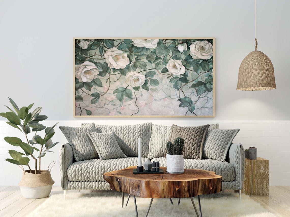 White Climbing Roses With Lush Green Leaves Art Nouveau Wall Art - Image 2