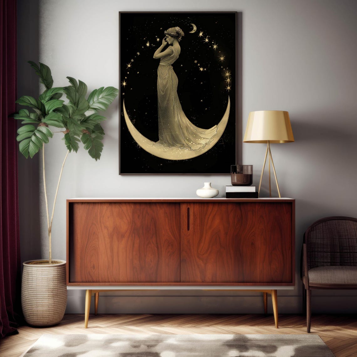 Art Nouveau Moon Lady in Gold Gown Standing on Crescent Moon Poster - Image 2