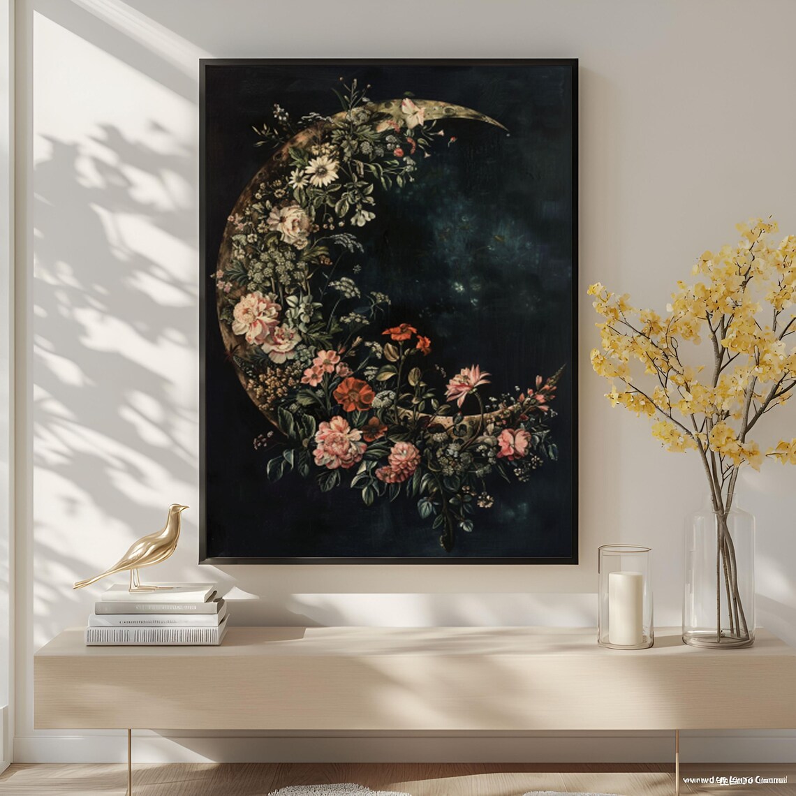 Floral Crescent Moon Botanical Night Sky Vintage Flower Art Poster - Image 2