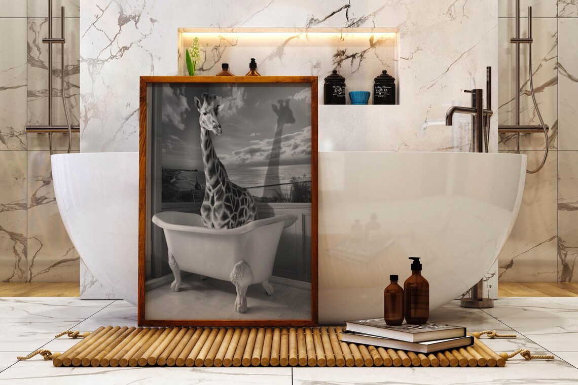Giraffe Relaxing in Vintage Clawfoot Bathtub Black White Art Poster - Image 6
