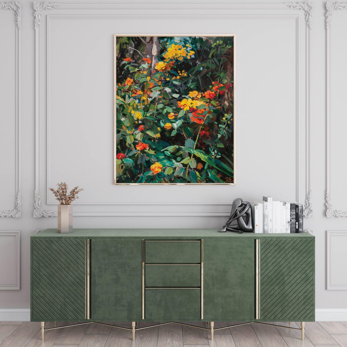 Lush Garden Blooming with Yellow and Red Flowers Oil Painting Poster - Image 5
